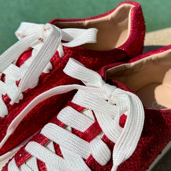 NEW🔥 Sparkling Red Rhinestone Crystal Embellished Lace Up Flat Platform Sneaker - Picture 6 of 8